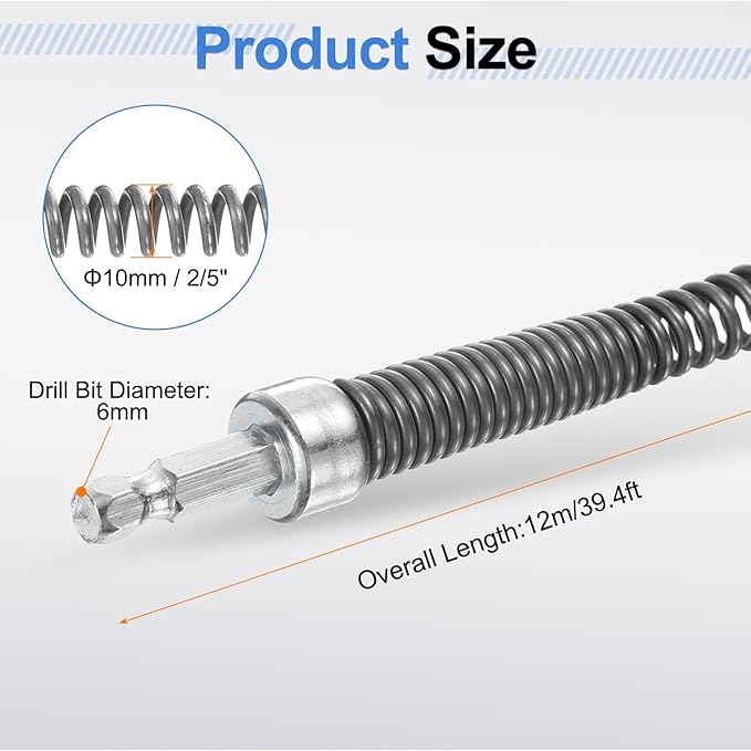 HARFINGTON Plumbing Drain Auger 3/8" (10mm) Dia. 39.4ft Manual Toilet Snake Flexible Drain Cleaner Tool with Drill Connector Spring Unclog Hair for Bathroom Kitchen Toilet Bathtub Sewer Sink