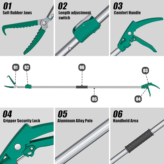 92" Extendable Snake Grabber Reptile Tongs Rattle Snake Catcher Wide Jaw Handling Tool with Lock and Comfortable Grip