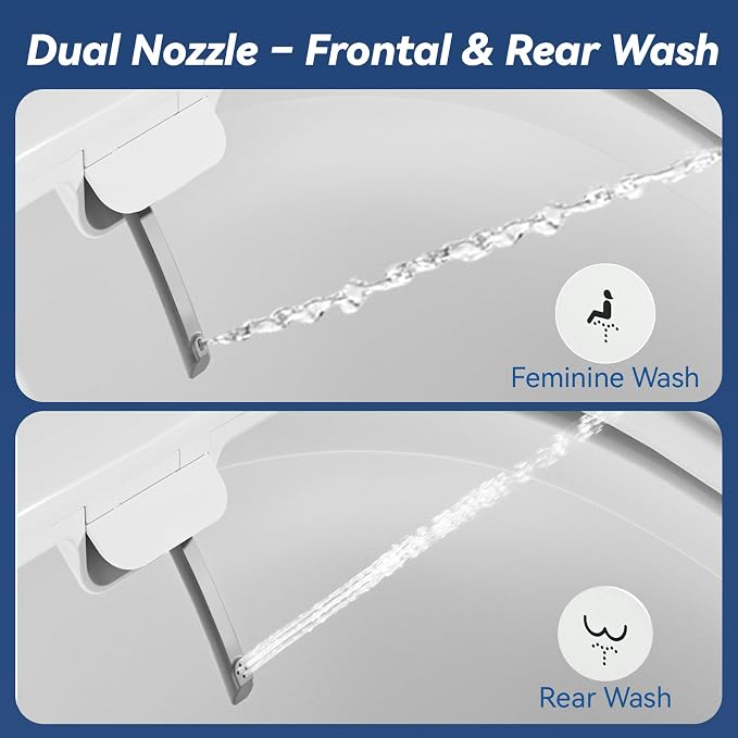 Clirass Bidet Toilet Seat, Soft Close Toilet Seat, Button control Feminine/Posterior Wash Switch, Knob Control Water Pressure,White Bidet Seat Attachment with Brass inlet (Elongated-D)