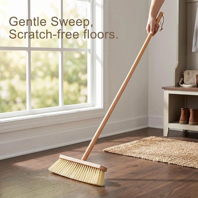 Wood Handle Household Broom - Heavy Duty PET Bristles for Pet Hair & Dust