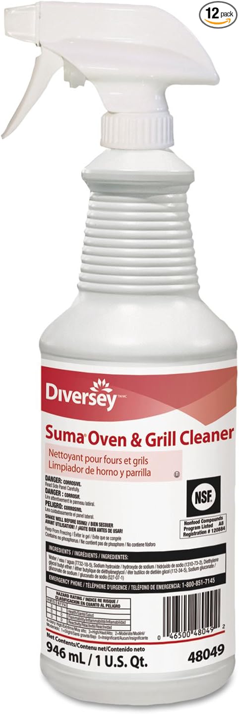 Diversey 948049 SUMA Oven and Grill Cleaner, Heavy Duty Removes Baked on Grease and Carbon Buildup, Capped Ready-to-Use Gel, 32-Ounce (Pack of 12 with 2 Spray Nozzles)