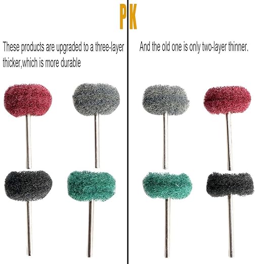 FPPO 100PCS Abrasive Buffing Polishing Wheel Set for Rotary Tool,Mini scouring pad Brush Polishing kit, Removal of Rust,Deburring on Metal Surface,with 3mm Mandrel