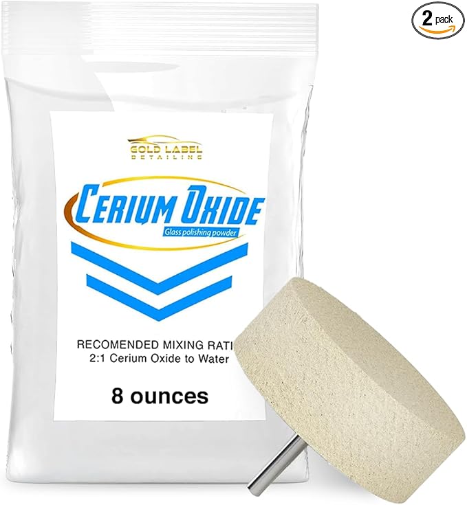 Optical Grade Cerium Oxide 8oz Glass Repair Powder | Glass Window and Windshield Repair | Optical Grade, for use with Camera, Scope, Binocular Lens (8oz with 3" Felt Bob Wheel)