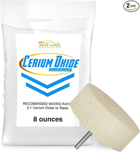 Optical Grade Cerium Oxide 8oz Glass Repair Powder | Glass Window and Windshield Repair | Optical Grade, for use with Camera, Scope, Binocular Lens (8oz with 3" Felt Bob Wheel)