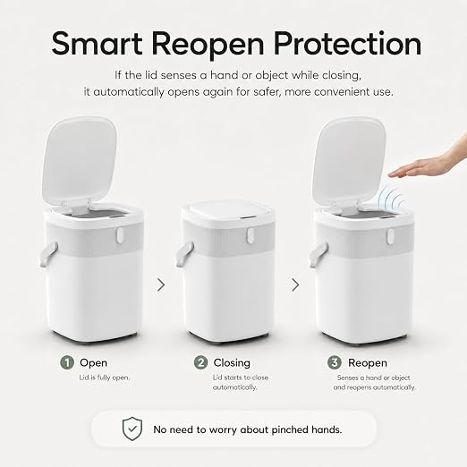 WM-DZT-12-36S Smart Motion Sensor Trash Can, Ultra-Quiet Soft-Close | Long Battery Life | Built-in Bag Storage & Portable PU Handle (White)