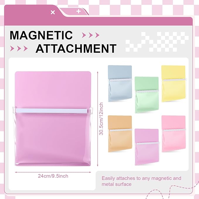 6 Pcs Magnetic File Holder Paper Holder Magnetic Pen Dry Erase Marker Organizer Magnet Pocket Pouch for Whiteboard Refrigerator, 12 x 9.5 in(Pastel)