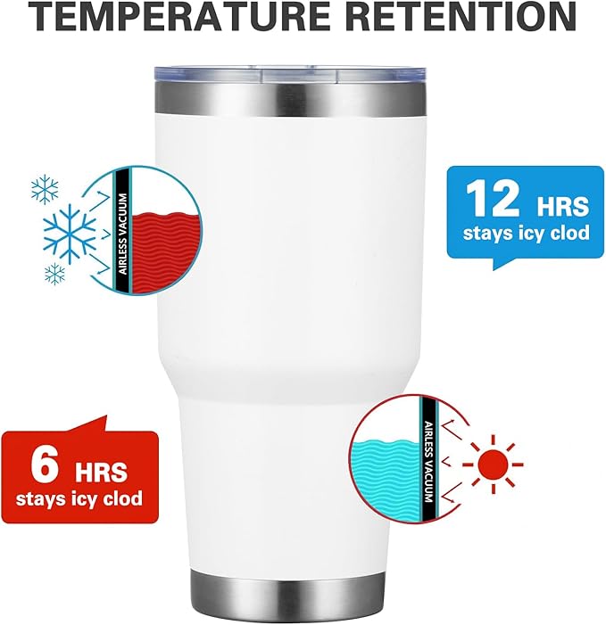 MEWAY 30oz Insulated Tumbler With Lids and Straws,Stainless Steel Double Vacuum Coffee Tumbler Cup, Brush, Durable Powder Coated Coffee Cup for Cold & Hot Drinks, Office, Travel(White,12 PACK)