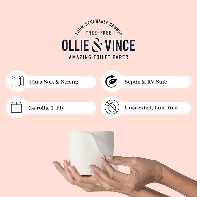 Ollie & Vince Bamboo Toilet Paper | Sustainable, Eco-Friendly, Plastic-Free & Tree-Free, Organic | 24 Rolls, 3-Ply, Soft, Strong & Septic Safe, Unscented | Premium Bathroom Tissue