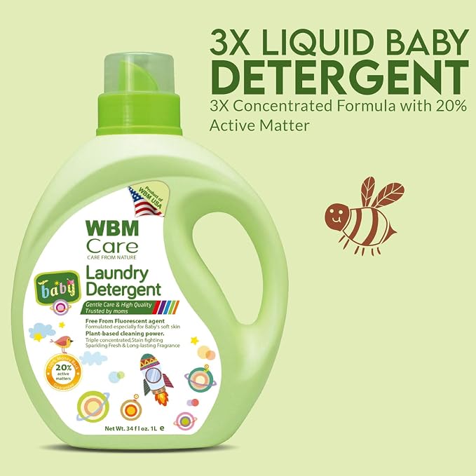 WBM Care Liquid Baby Laundry Detergent, 100 Loads | 68 oz | Gentle formula designed for baby clothes, ensuring effective cleaning and care for delicate skin