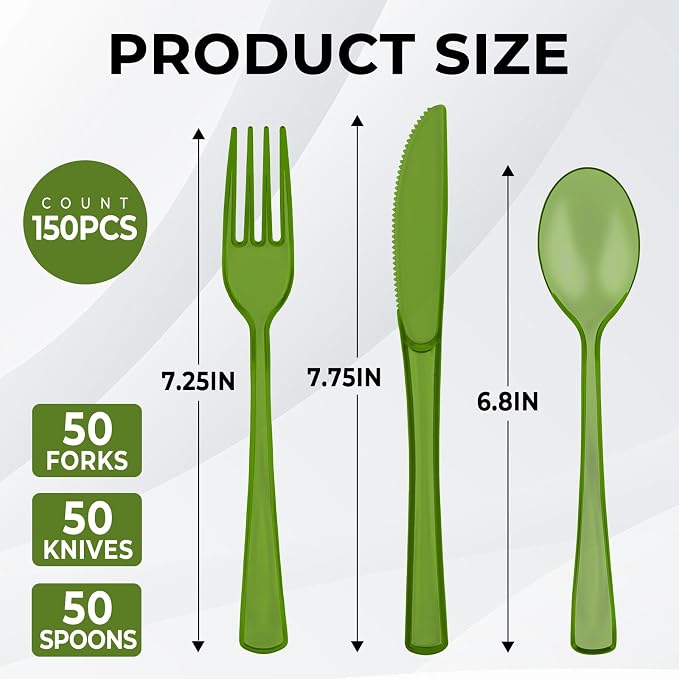 75 PCS Plastic Silverware Disposable Silverware Heavy Duty Utensil Sets 25 Of Each Forks Knives & Spoons Disposable Cutlery Set For Easter,Birthday,Baby Shower,Garden Party,Wedding(75,Olive Green)
