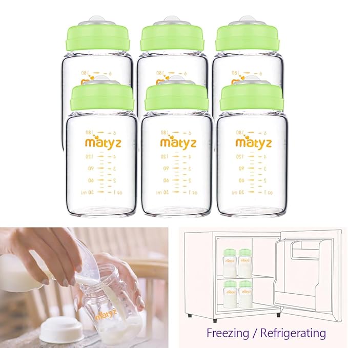 Matyz Glass Breastmilk Storage Bottles, 6 Pack, 6 oz, Compatible with Spectra Medela Breast Pump - Store, Freeze, Warm Up Milk Well - Wide Mouth Breastmilk Storage Containers - No BPA (Green Lids)