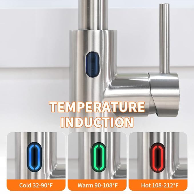 Touchless Kitchen Faucet with Pull Down Sprayer LED Light Single Handle Kitchen Sink Faucet Motion Sensor Smart Hands-Free, Stainless Steel Brushed Nickel 1080SN