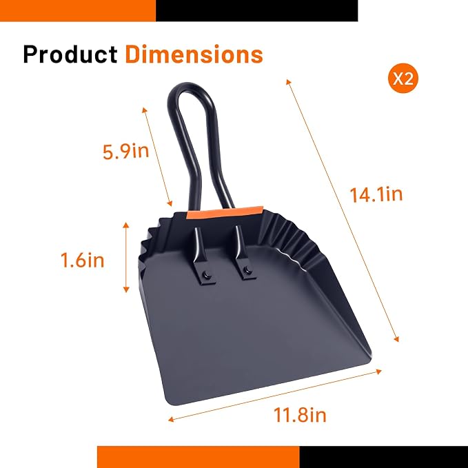 2 Pack Metal Dust Pan, 12 Inch Heavy Duty Dustpans, with Handle Black Large Dustpan for Indoor, Outdoor, Home Garage,Fireplace, Industrial and Commercial Use