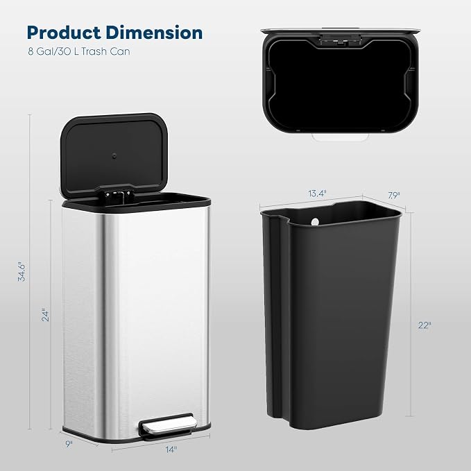 8 Gal/13.2 Gal Stainless Steel Kitchen Trash Can, Step Garbage Can with Soft-Close Lid & Removable Inner Bucket, Fingerprint-Proof Waste Bin with Wide Non-Slip Pedal for Home Office Bathroom