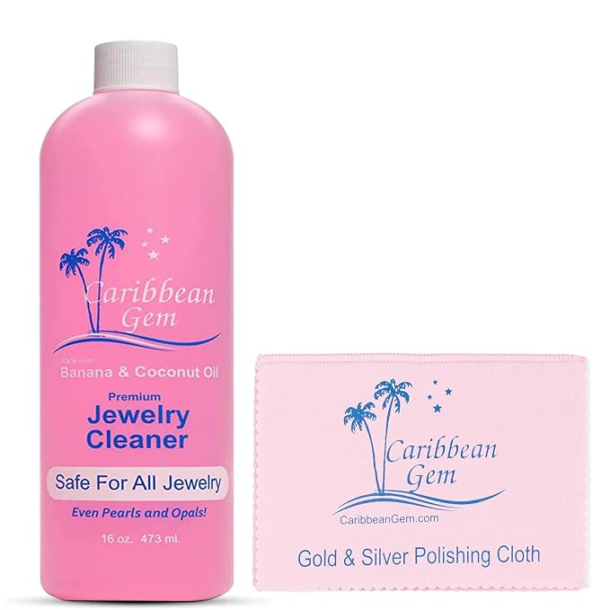 Caribbean Gem USA All Natural Banana & Coconut Oil Jewelry Cleaner with Polishing Cloth, For Gold, Silver and Precious Gems, Ammonia Free, Hypoallergenic Jewelry Cleaning Solution (16oz)