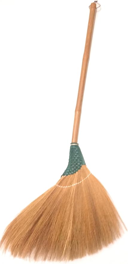 Hand Push Broom - Wooden Handle, Wide Bristle Head, Grass Bristles, Lightweight, Ideal for Stairs, Garage, Lawn, Kitchen, Patio - Includes Storage Bag & Broom Holder - 17" W x 40" H