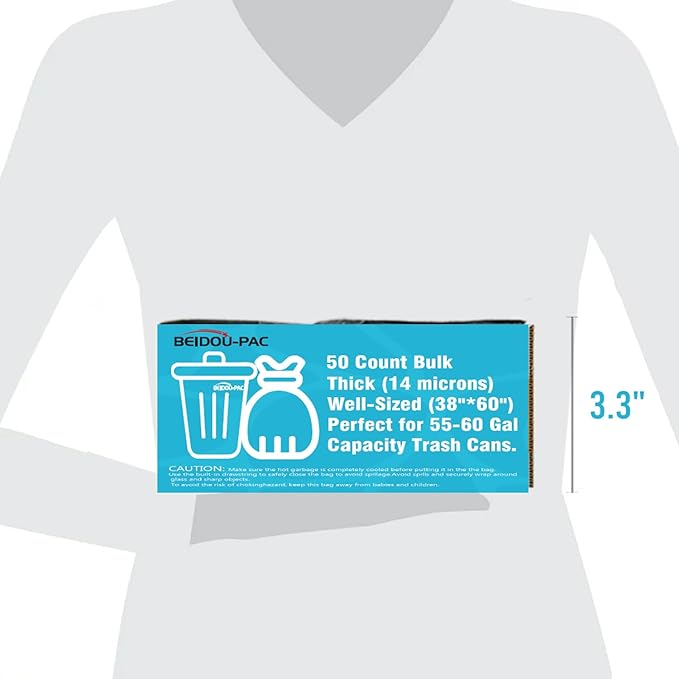 BEIDOU-PAC 55-60 Gallon Trash Bags, 50 Count Bulk, Heavy Duty Clear Plastic Recycling Bags, Multi-purpose Garbage Bags for home Commercial, Outdoor, Construction, Industrial, Lawn, Leaf