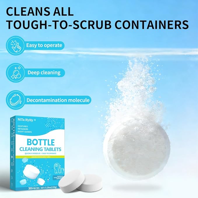 Bottle Brush and Bottle Cleaning Tablets, Long-Lasting, Non-Slip Handle, Durable, Reusable;Thermos Cleaning Tablets,Stainless Steel Cleaner,for Hot Water Bottle,Coffee Pot,Glass,Tumbler,60 pc
