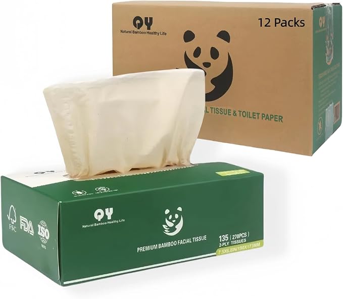 Unbleached Bamboo Facial Tissues - 12 Boxes of 100% Natural, Hypoallergenic, 134 Sheets per Box, FSC Certified, Eco - Friendly, Ultra - Soft & Gentle for Everyday Home and Office Use