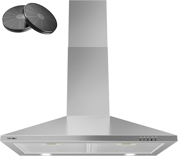 Hermitlux Range Hood 30 inch, Stainless Steel Wall Mount Vent Hoods for Kitchen with Charcoal Filter, Ducted/Ductless Convertible, 3 Speed Exhaust Fan, LED Light, Button Control