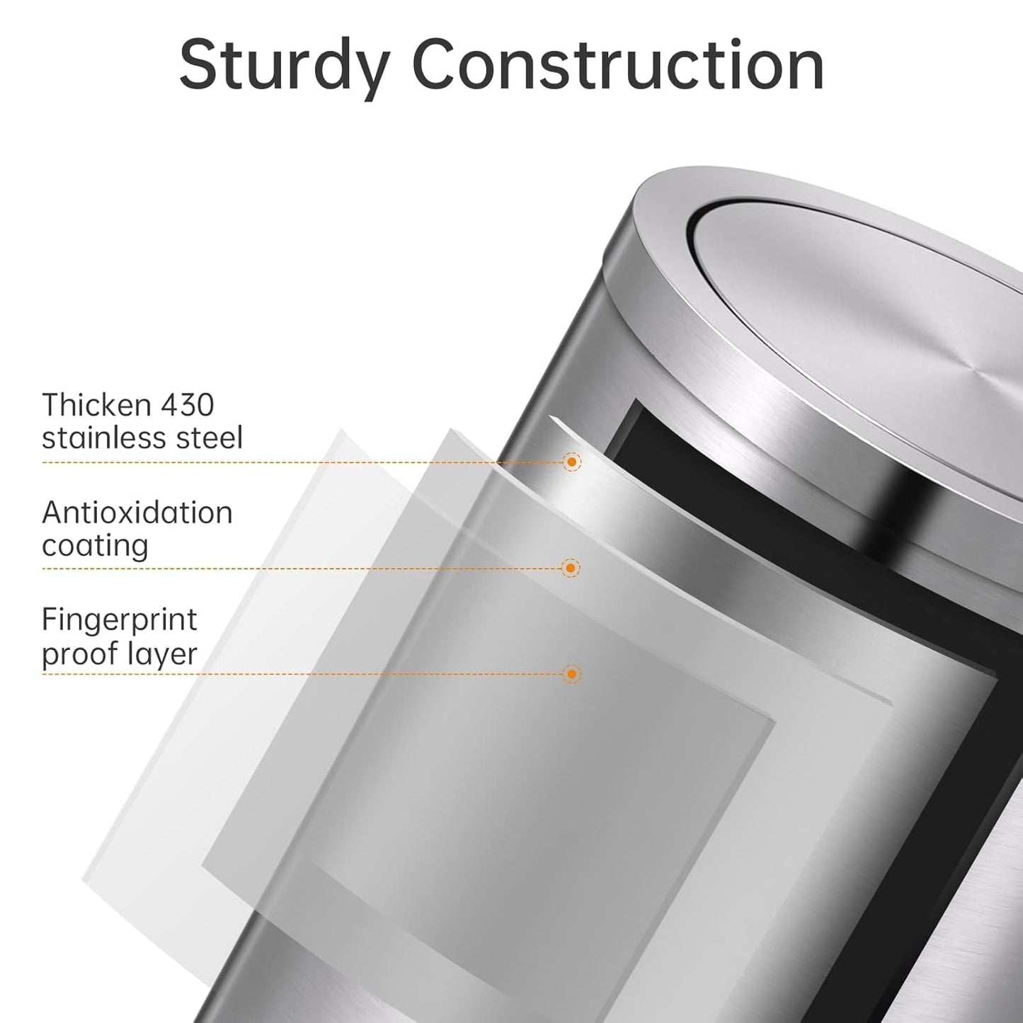 Mbillion Small Trash Can with Swing Lid 4 Gallons/15 Liter, Mini Trash Can with lid, Stainless Steel Cylindrical Garbage Can for Home and Office, for Ground and Desktop(Brushed Silver)