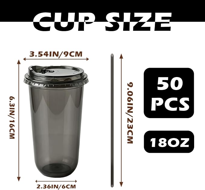 18oz Disposable Stemless Glasses With Strawless Sip Lids and Straws,PET Disposable Drinking Cups,Clear Plastic Wine Glasses for Parties Birthday,Wedding,Meeting,Party Supplies. (50, Black)