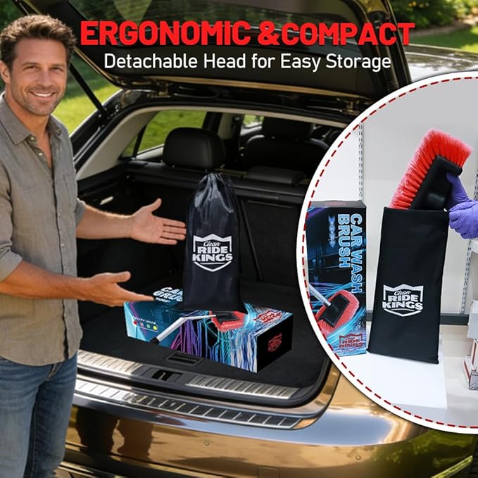 Car Wash Brush (65 in) - Heavy Duty Truck Wash Kit with 4 Heads (Tire Scrubber & 2 Stiff Brushes) - Flow-Thru Wand Compatible with SUV, Off-Road Vehicles & Wheels (Red)