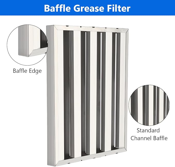 19.5" x 19.5" Hood Filters Pack of 6, 430 Stainless Steel 5-Groove Baffle Grease Filters for Restaurant Exhaust Systems, Kitchen Commercial Exhaust Hoods, Easy to Clean