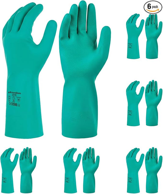 HandLove Chemical Resistant Nitrile Gloves, 18 Mil, 13 Inch Long, Latex-Free Reusable Cleaning Gloves with Non-Slip Grip for Dishwashing, Household Cleaning & Automotive, 6 Pairs, Medium