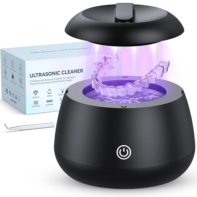 CALOTO Ultrasonic Retainer Cleaner Machine, 52kHz Ultrasonic Denture Cleaner for Night Guards, Braces, Aligner, Toothbrush, Jewelry and More, Dental Cleaning Pod with Digital Timer & 250ML, Black