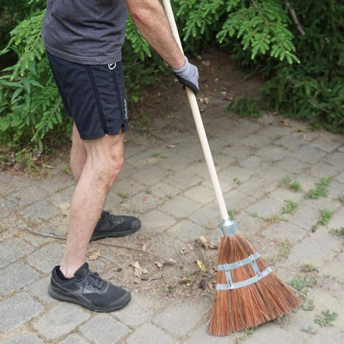 Outdoor Broom Heavy Duty 57” Broomstick with 12” Wide Brush - All Natural Water and Fire-Resistant Piassava Bristles and Wood Handle Brooms for Sweeping Indoor Garage and Garden by Kings County Tools