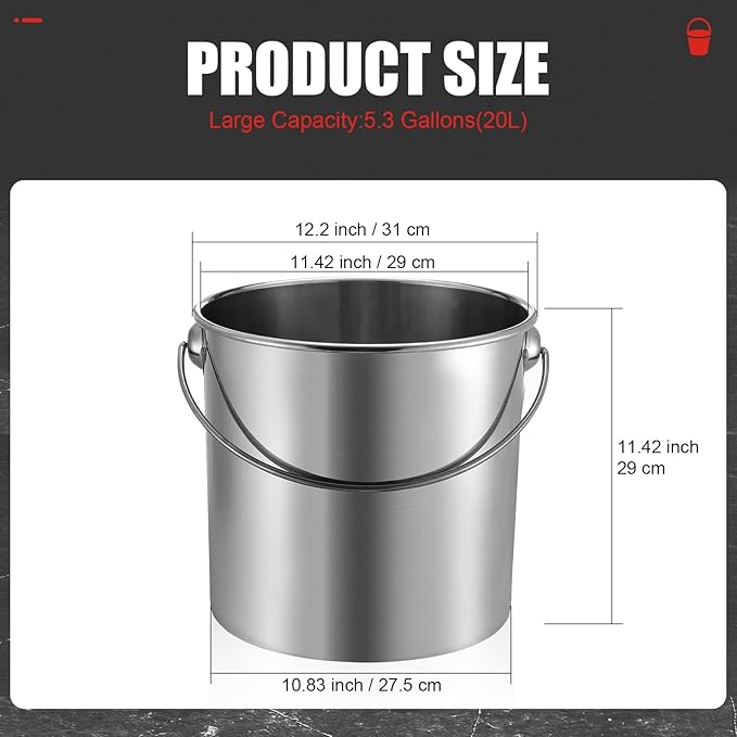 Hsei 2 Pcs Stainless Steel Bucket for Pet Cleaning, 5.3 Gallon Metal Bucket Water Pail with Handle for Fence Kennel Cage Garage Garden Workshop