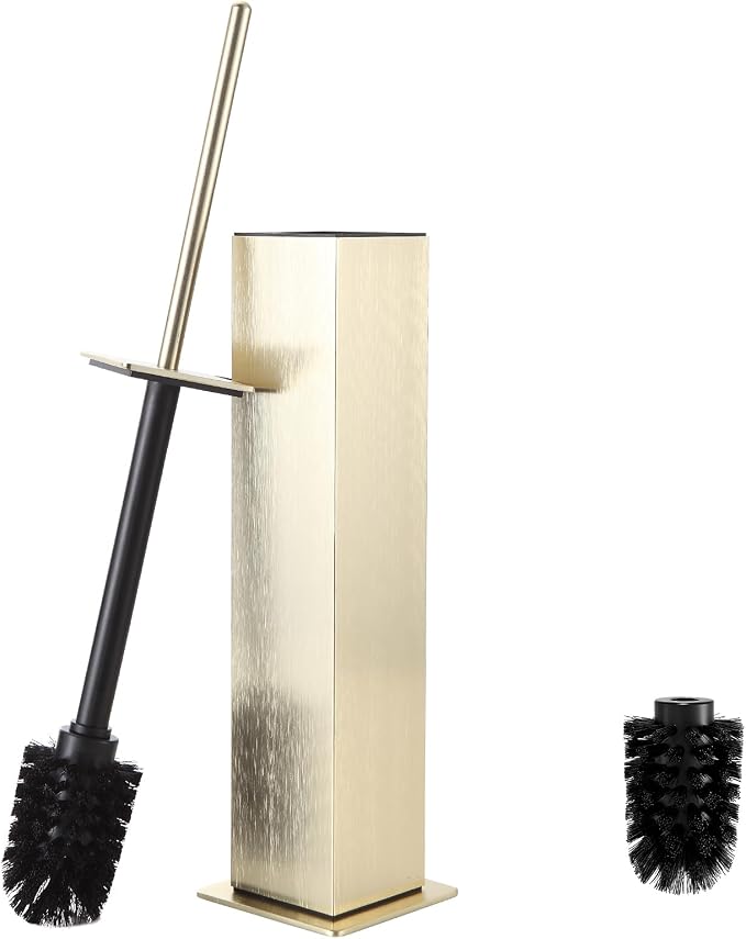 BVL Toilet Brush and Holder Floor Standing, Brushed Gold with 2 Replaceable Heads, Bathroom Toilet Brush, Freestanding Toilet Bowl Brush with Removable Liner and Splash Guard