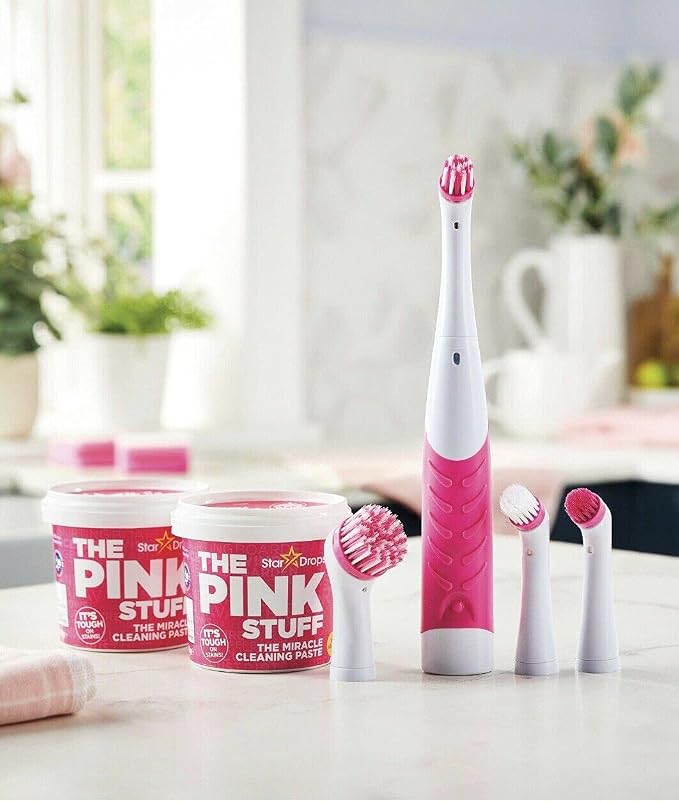 Britains Beauty The Miracle Scrubber Kit The Pink Stuff Star Drops 2 Cleaning Paste Electric Scrubber Kit With 4 Cleaning Brush Heads.