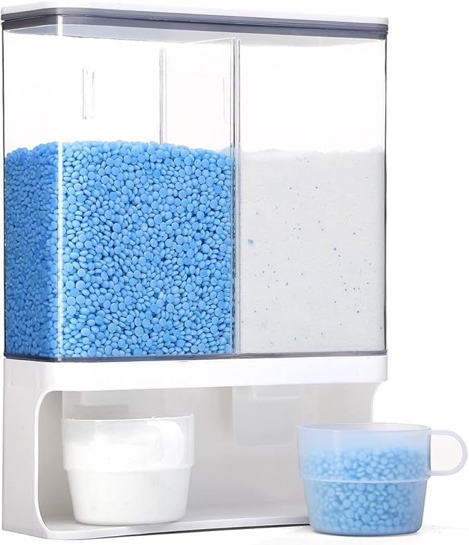 Laundry Detergent Dispenser, Wall Mounted Laundry Scent Boosters Beads Dispenser with 2 Cups, Suitable for Storing Rice, Beans, Stain Remover Powder, Laundry Beads Container (105 oz)