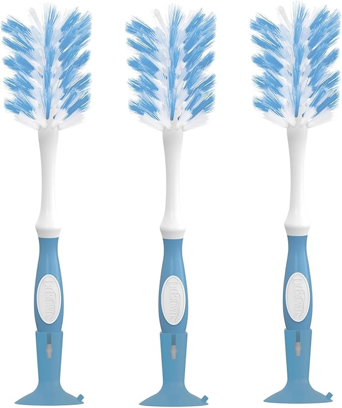 Dr. Brown's Deluxe Bottle Brush for Cleaning Baby Bottles, Nipples, and Sippy Cups with Suction Cup Stand and Vent Brush, BPA-Free, Blue, 3-Pack