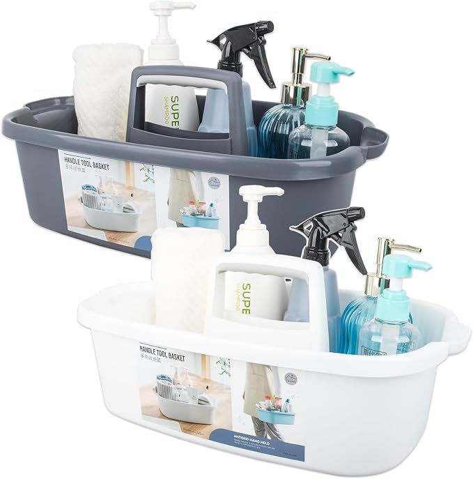 JiatuA Large Cleaning Supplies Organizer with Handle Portable Shower Caddy Basket Plastic Bucket Tool Storage for Bathroom, Bedroom, Kitchen, College Dorm, Under Sink, Garden, Dark Gray & White