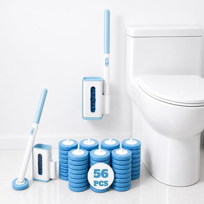 RV Toilet Brush & Holder, Wall Mount Toilet Cleaner with 56 Cleaner Refills | Hands-Free Toilet Bowl Wand Kit for RV Camper & Small Bathroom