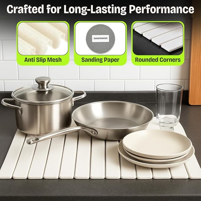Stone Dish Drying Mat for Kitchen Counter, Large Quick Dry Diatomaceous Earth Stone Drying Mat, Foldable Water Absorbent Dish Drying Mat for Dishes, Cups, Bottles, Kitchen Sink & Countertop (White)