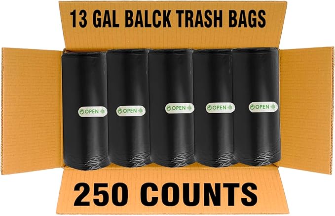 BEIDOU-PAC 13 Gallon Trash Bags, 250 Count Black Tall Kitchen Garbage bags, Multi-purpose Trash Can Bin Liners for Bathroom, Office, Industrial, Commercial, Janitorial, Municipal, Recycling