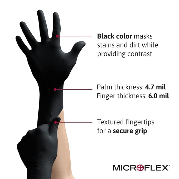 Ansell MICROFLEX MidKnight MK-296 Disposable Nitrile Gloves for Automotive, Law Enforcement w/ Full Texture - XX-Large, Black (Box of 100)