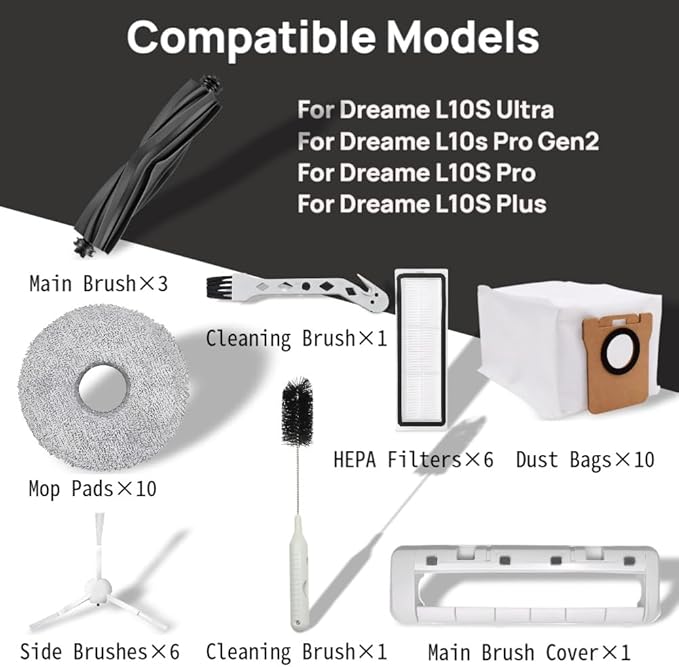 38 Pcs Replacement Parts for Dreame L10S Ultra,L10s Pro Gen2,L10S Pro,L10S Plus Vacuum Cleaner Accessories Kit,3 Main Brush,1 Main Brush Cover,10 Mop Pads,10 Dust Bags,6 Side Brush,6 Filter