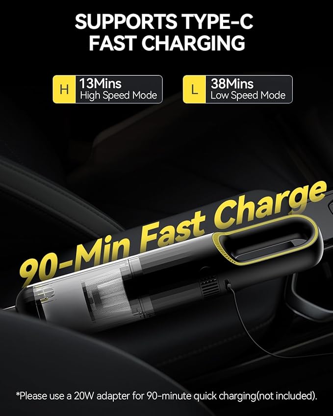 Handheld Car Vacuum Cleaner Cordless with 23000pa High Power Suction, 1.5H Type-C Fast Charge & 2 Suction Modes, Portable Mini Hand Vac Rechargeable with Multi-Nozzles for Car Home Office (Black)
