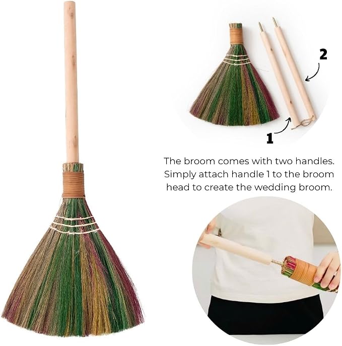 Elegant Wedding Brooms Bride Bridegroom, Jumping The Broom for Wedding, Natural Whisk Broom with Ribbons, Artificial Pearl, Leaves,Roses for Decorative