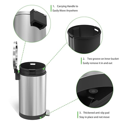 SIMPLYKLEEN Trash Can with Lid - 30 Liter/8 Gallon Round Stainless Steel Trash Can with Odor Protection Kitchen Garbage Cans with Soft-Close Foot Pedal Step Bin for Bathroom Home Kitchen Office