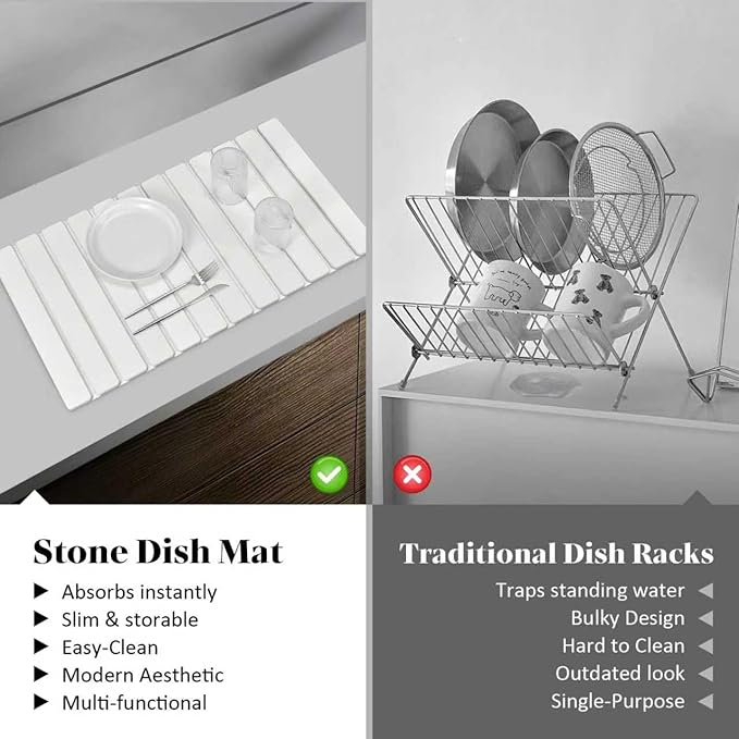 Extral Large Stone Dish Drying Mats for Kitchen Counter, 28"(L)×16"(W) Quick Dry Dish Drying Mat, Collapsible Eco-Friendly Absorbent Diatomaceous Earth Mat for Dishes Cups, Match Any Countertop
