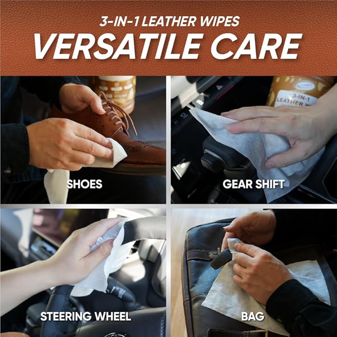 Air Jungles 3in1 Leather Wipes 50 Count (Pack of 3), Extra Large 8" x 10" Size, Clean Condition Protect Wipes for Leather Car Seat, Furniture Couch, Shoes Boots Bags Purse Apparel