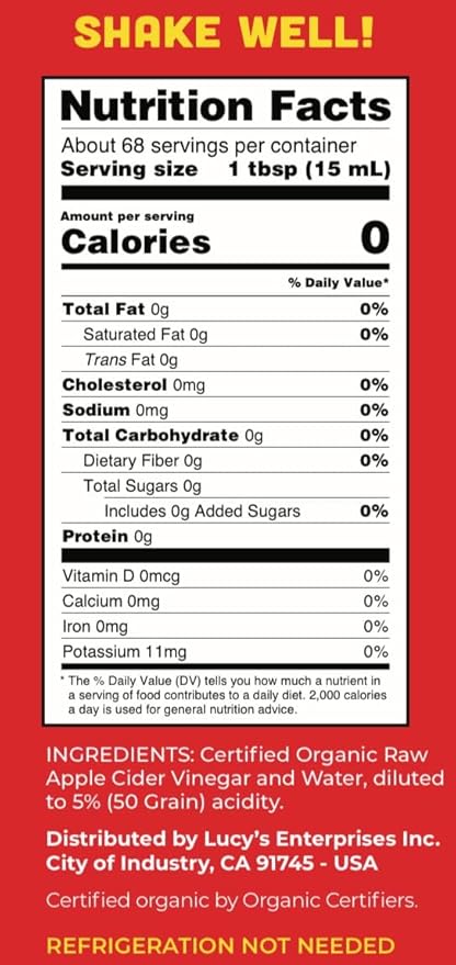 Lucy's Family Owned - 34oz. GLASS BOTTLE (2 PACK) Organic, With the Mother, Apple Cider Vinegar, Unfiltered, Unpasteurized, Raw, and NonGMO