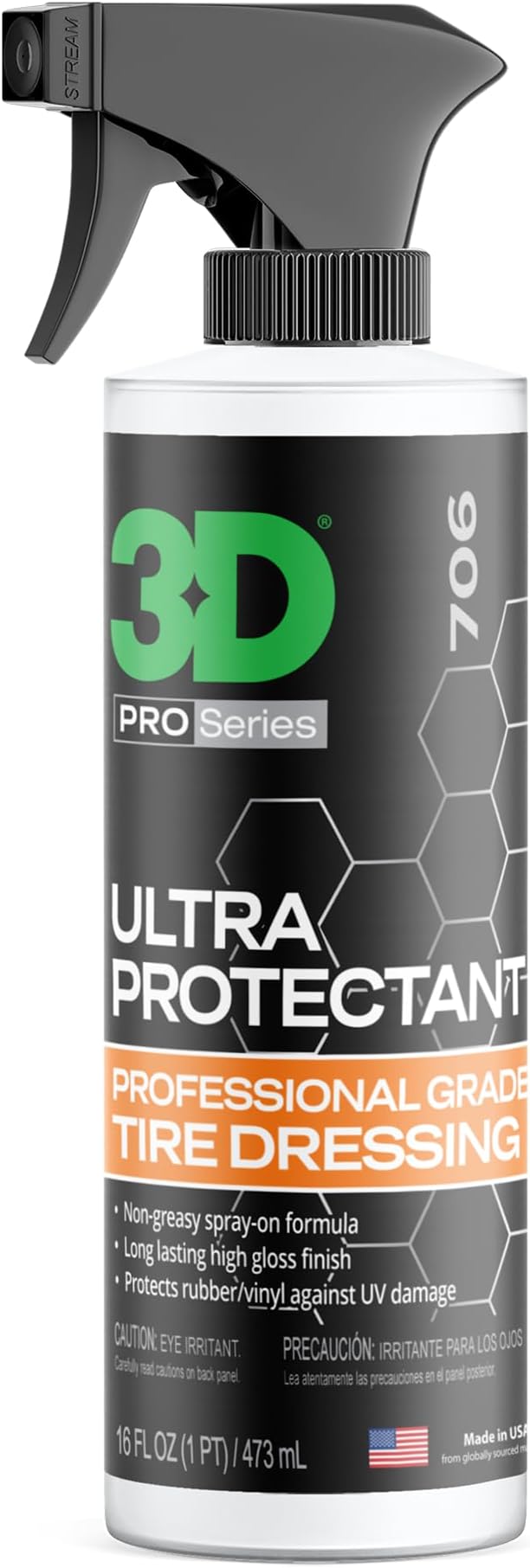 3D Ultra Protectant Tire Shine Spray – Water-Based High Gloss Tire Dressing | Long Lasting UV Protection for Rubber & Vinyl | No Sling | Made in USA |16 oz