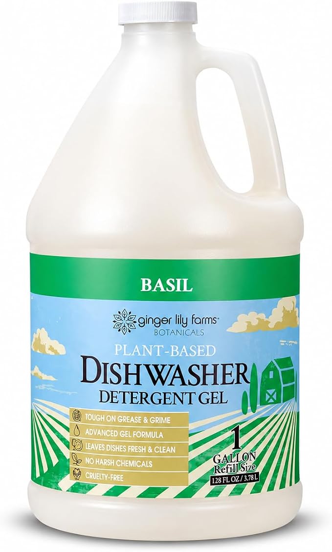 Ginger Lily Farms Plant-Based Dishwasher Detergent Gel, Basil Scent, 1 Gallon (128 Fl Oz) Refill, Eco-Friendly, 100% Vegan & Cruelty-Free